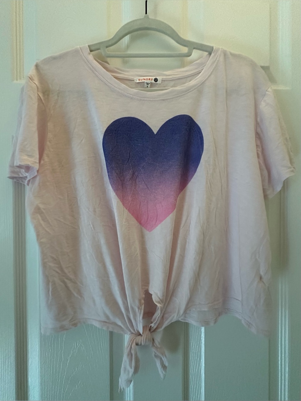 Sundry Pale Pink Tie-Front Tee with Blue-Purple Ombre Heart - Picture 2 of 5